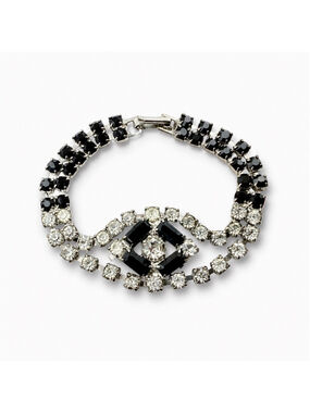 Vintage 1940s Black & Clear Rhinestone Bracelet, Art Deco Style Crystal Link